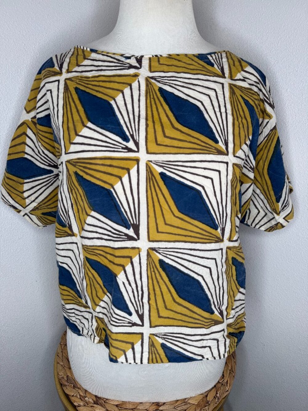 Maelu block print top Green Blue Neutral Short Sleeve cotton linen Natural Shirt